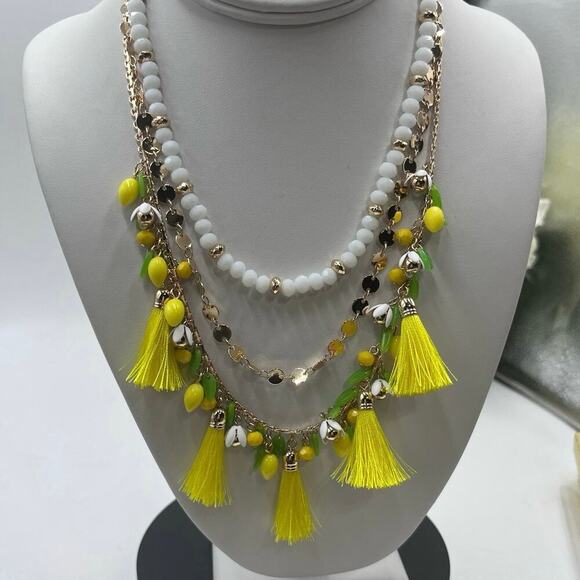 Lilly Pulitzer Triple Strand Lemon Grove Yellow Tassel Green Leaves Necklace New - Picture 1 of 16